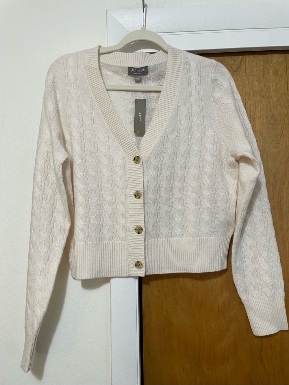 J. Crew Cashmere shrunken cable-knit V-neck cardigan sweater, Snow, L, NWT - Picture 2 of 16